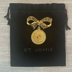 Vintage Couture St John Marie Gray Gold Tone Bow Tie Coin Dangle Brooch